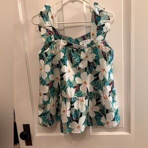 THML Teal and White Floral Ruffle Tank with Pink Accents